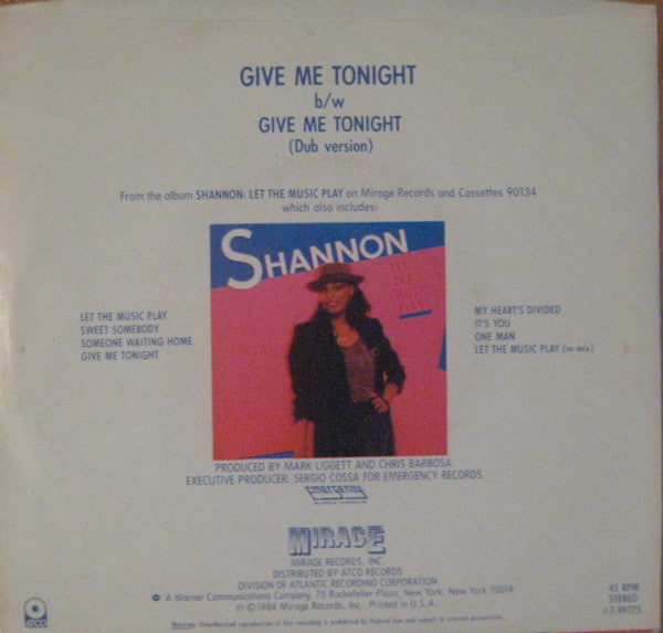 Shannon : Give Me Tonight (7", Single)