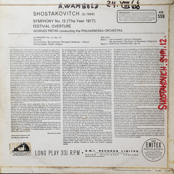 Dmitri Shostakovich, Georges Prêtre, Philharmonia Orchestra : Symphony No.12 (The Year 1917) (LP)