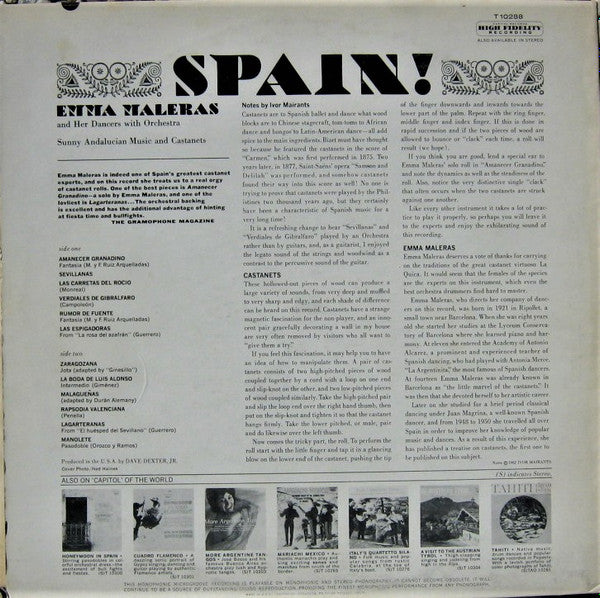 Emma Maleras Y Su Ballet Español With Emma Maleras Y Su Orquesta : Spain! Sunny Andalusian Music And Castanets (LP, Album, Mono)