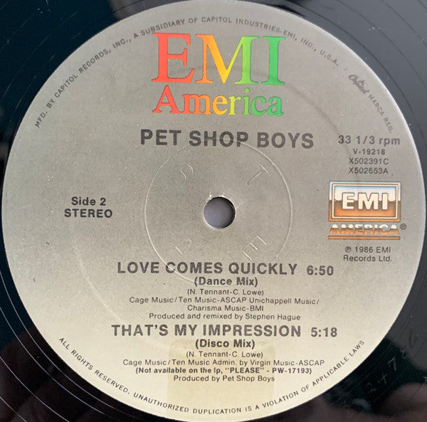 Pet Shop Boys : Love Comes Quickly (12", Single)