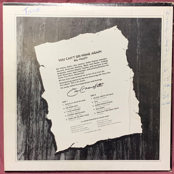 Bill Willett (2) : You Can't Go Home Again (LP, Album)