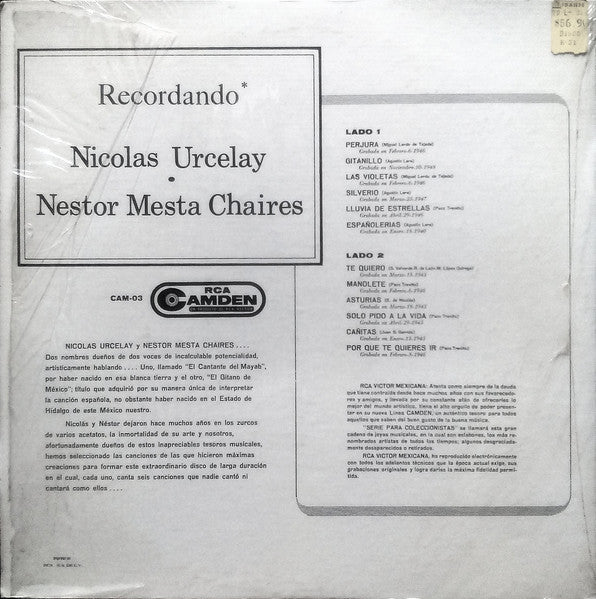 Nestor Mesta Chaires ● Nicolas Urcelay : Recordando* (LP, Comp, RE)