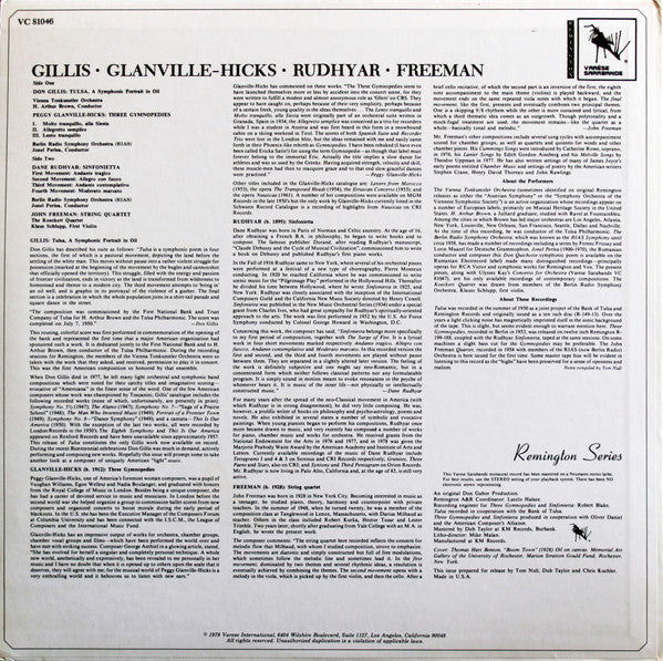 Don Gillis, Peggy Glanville-Hicks, Dane Rudhyar, John Freeman (14) : Gillis • Tulsa, A Symphonic Portrait / Glanville-Hicks • Three Gymnopedies / Rudhyar • Sinfonietta / Freeman • String Quartet (LP, Mono)