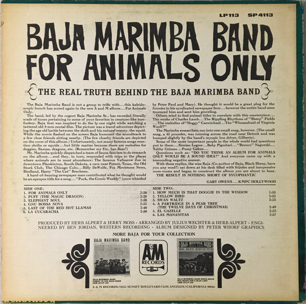 Baja Marimba Band : For Animals Only (LP, Album, Ter)