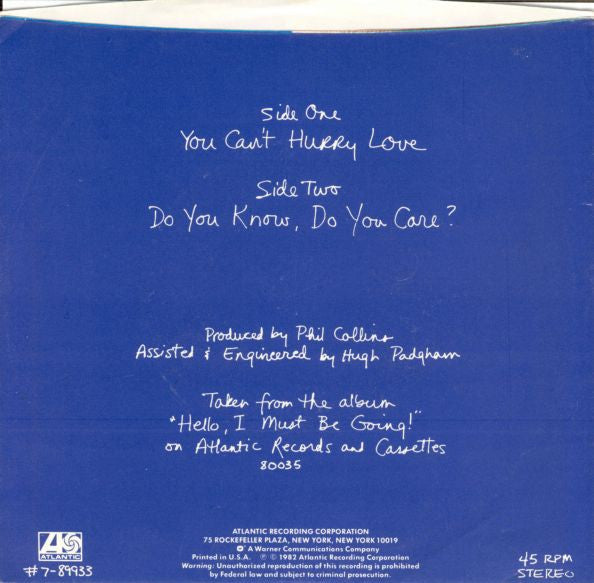 Phil Collins : You Can't Hurry Love (7", Single, Styrene, AR)