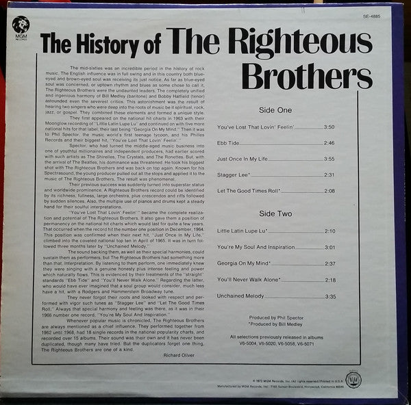 The Righteous Brothers : The History Of The Righteous Brothers (LP, Comp)