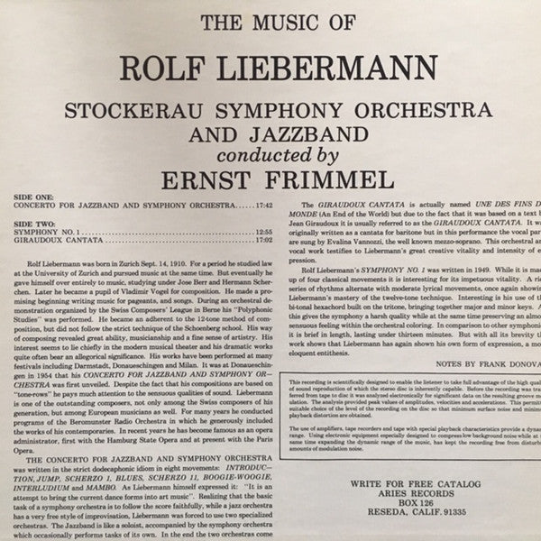 Rolf Liebermann, Stockerau Symphony Orchestra, Evalina Vannozzi, Ernst Frimmel : The Music Of Rolf Liebermann  (LP)