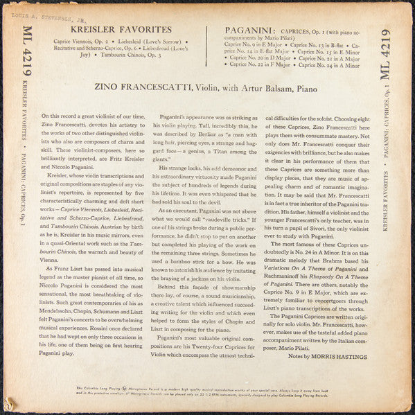 Fritz Kreisler, Niccolò Paganini, Zino Francescatti With Arthur Balsam : Kreisler Favorites, Paganini Caprices  (LP, Album, Mono)