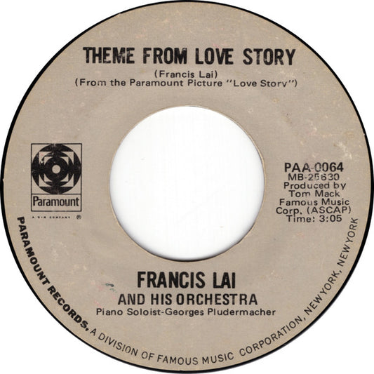 Francis Lai And His Orchestra : Theme From Love Story (7", Single, Styrene, Mon)