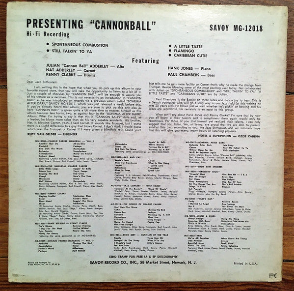 Julian "Cannon Ball" Adderley* : Presenting "Cannon Ball" (LP, Album, Mono)