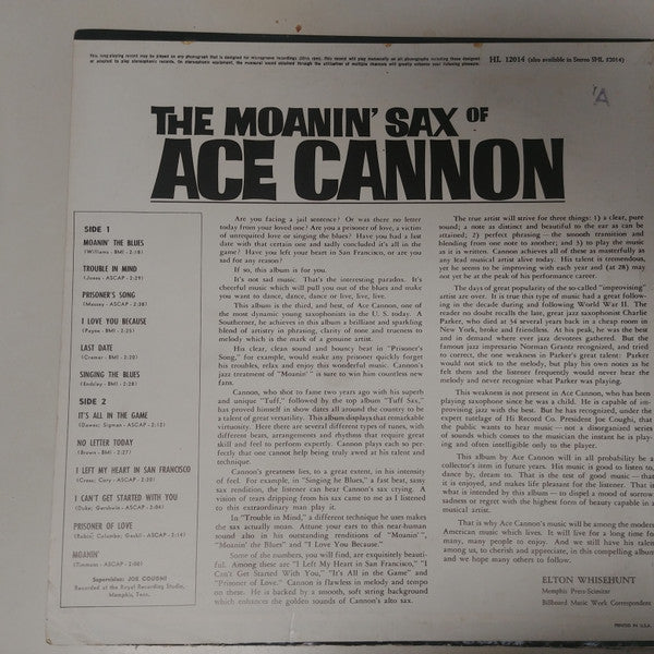 Ace Cannon : The Moanin' Sax Of Ace Cannon (LP, Album, Mono)