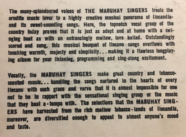 Mabuhay Singers : Mabuhay Singers Sing Ilocano Songs (LP, Album, Mono)