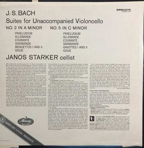 Bach*, Janos Starker : Suites For Solo Cello No.2 In D Minor No.5 In C Minor (LP)