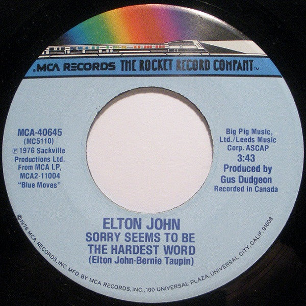 Elton John : Sorry Seems To Be The Hardest Word (7", Single, Pin)