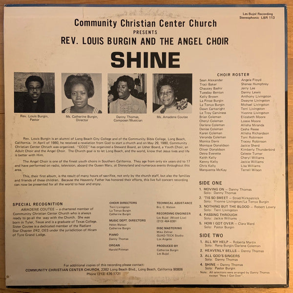 Community Christian Center Church Presents Rev. Louis Burgin And The Angel Choir : Shine (LP)