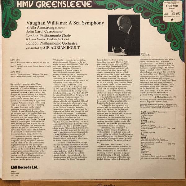 Vaughan Williams* • Sir Adrian Boult • Sheila Armstrong • John Carol Case • London Philharmonic Choir • London Philharmonic Orchestra : A Sea Symphony (LP, Album)