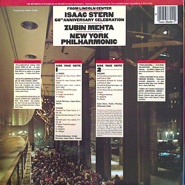 Isaac Stern, Pinchas Zukerman, Itzhak Perlman, Zubin Mehta, New York Philharmonic : From Lincoln Center Isaac Stern 60th Anniversary Celebration  (LP)