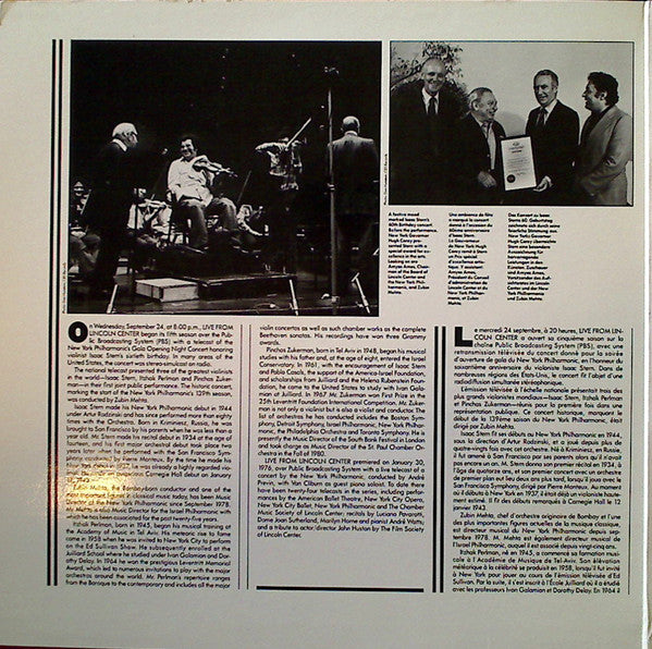 Isaac Stern, Pinchas Zukerman, Itzhak Perlman, Zubin Mehta, New York Philharmonic : From Lincoln Center Isaac Stern 60th Anniversary Celebration  (LP)