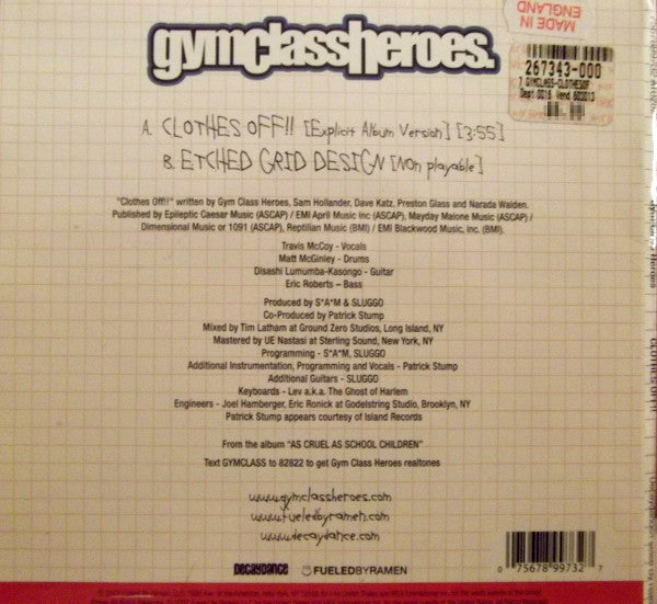 Gym Class Heroes : Clothes Off!! (7", S/Sided, Etch, Blu)