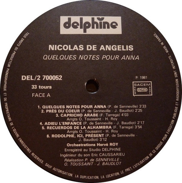 Nicolas De Angelis : Quelques Notes Pour Anna (LP, Album)