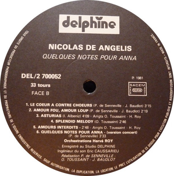 Nicolas De Angelis : Quelques Notes Pour Anna (LP, Album)