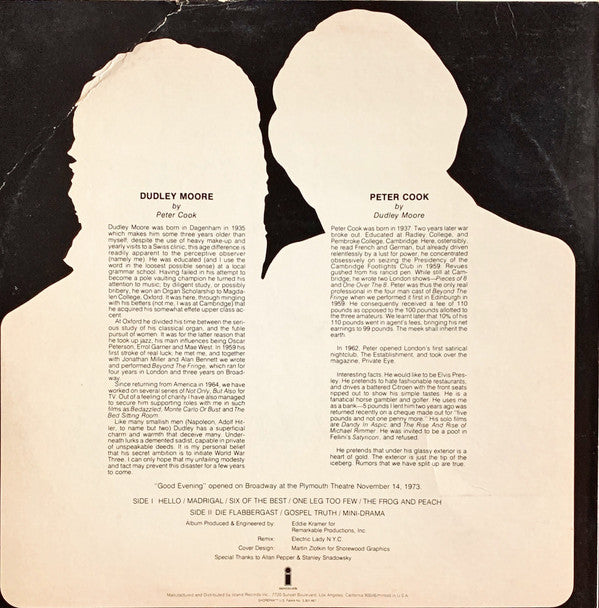 Alexander H. Cohen And Bernard Delfont Present "Good Evening" Original Broadway Cast, Peter Cook & Dudley Moore Directed By Jerry Adler (3) : "Good Evening" (Comedy With Music) (LP, Album, Pit)