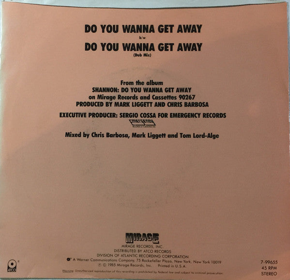 Shannon : Do You Wanna Get Away (7", Single)