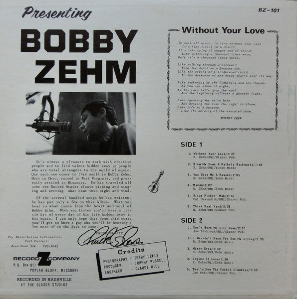 Bobby Zehm : Presenting Bobby Zehm: Without Your Love (LP, Album, Mono)