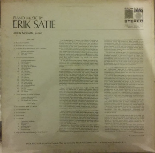 Erik Satie, John McCabe (2) : Piano Music By Erik Satie (LP, Album)