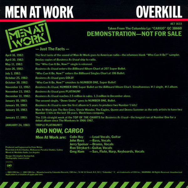 Men At Work : Overkill (7", Single, Promo)