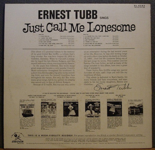 Ernest Tubb : Sings Just Call Me Lonesome (And Other Great Songs By Rex Griffin) (LP, Album, Mono)