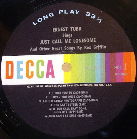 Ernest Tubb : Sings Just Call Me Lonesome (And Other Great Songs By Rex Griffin) (LP, Album, Mono)