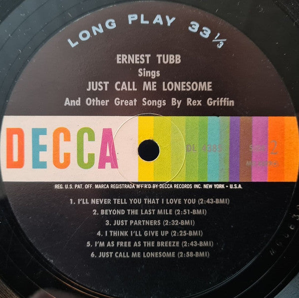 Ernest Tubb : Sings Just Call Me Lonesome (And Other Great Songs By Rex Griffin) (LP, Album, Mono)