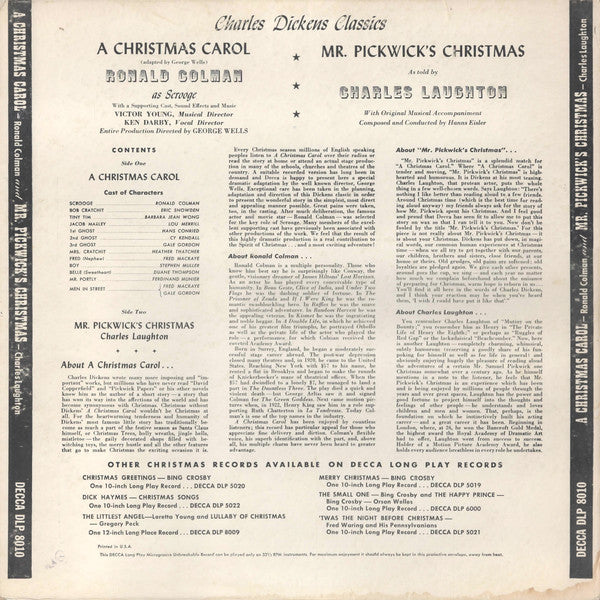 Ronald Colman, Charles Laughton : Charles Dickens Classics: A Christmas Carol And Mr. Pickwick's Christmas (LP, RE)