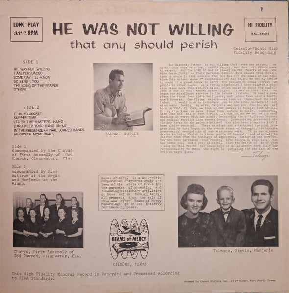 Talmage Butler : He Was Not Willing That Any Should Perish / Talmadge Butler Sings (LP, Album, Mono)