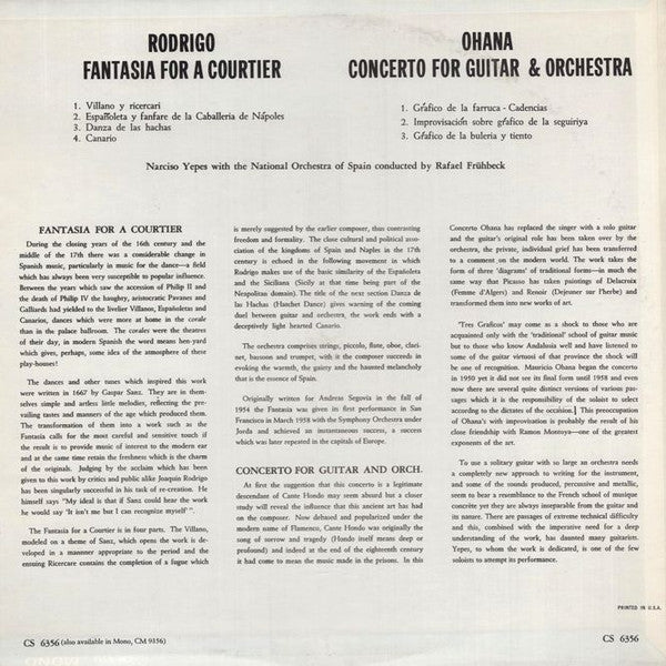 Joaquín Rodrigo / Maurice Ohana, Narciso Yepes, Orquesta Nacional De España, Rafael Frühbeck De Burgos : Fantasia For A Courtier / Concerto For Guitar And Orchestra (LP)