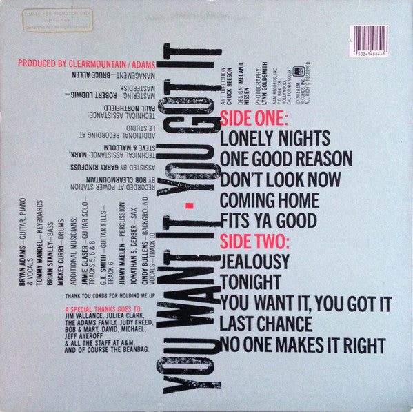 Bryan Adams : You Want It, You Got It (LP, Album, Ter)