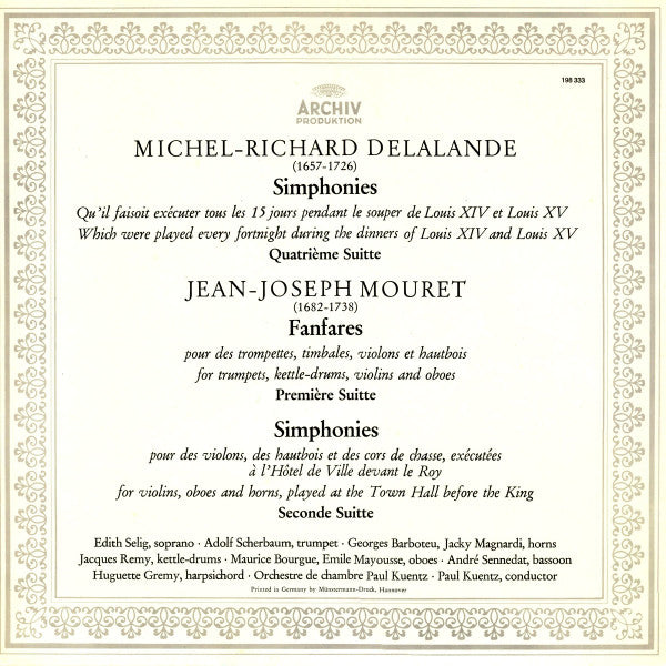 Michel Richard Delalande, Jean-Joseph Mouret, Adolf Scherbaum, Orchestre De Chambre Paul Kuentz, Paul Kuentz : Simphonies • Fanfares • Simphonies (LP, RP, Gat)