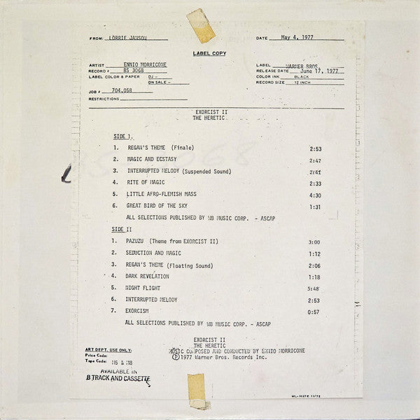 Ennio Morricone : Exorcist II - The Heretic (LP, Album, Promo, TP)