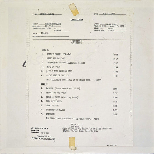 Ennio Morricone : Exorcist II - The Heretic (LP, Album, Promo, TP)