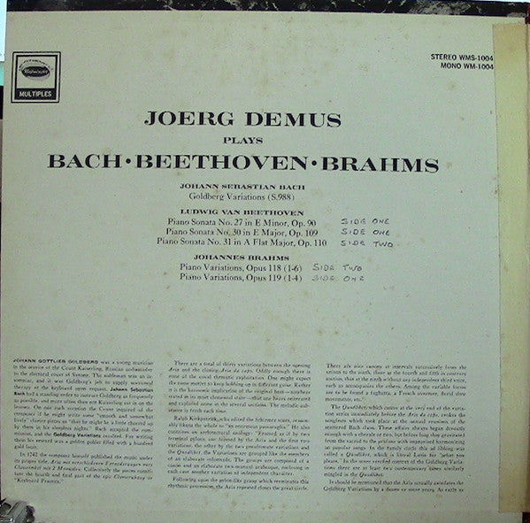 Jörg Demus : Demus Plays Bach / Beethoven  / Brahms (3xLP, Tri)