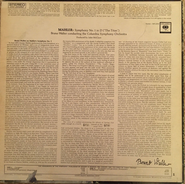 Gustav Mahler, Bruno Walter Conducts Columbia Symphony Orchestra : Symphony No. 1 In D "The Titan" (LP)