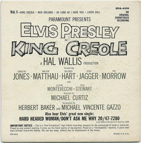 Elvis Presley : King Creole (Vol. 1) (7", EP, Ind)