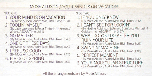 Mose Allison : Your Mind Is On Vacation (LP, Album, PR-)