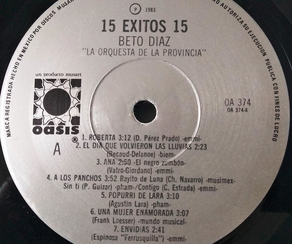 Beto Diaz y La Orquesta De La Provincia : 15 Éxitos (LP, Album, Comp)