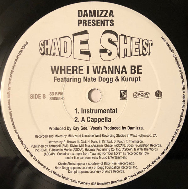 Damizza Presents Shade Sheist Featuring Nate Dogg & Kurupt : Where I Wanna Be (12")