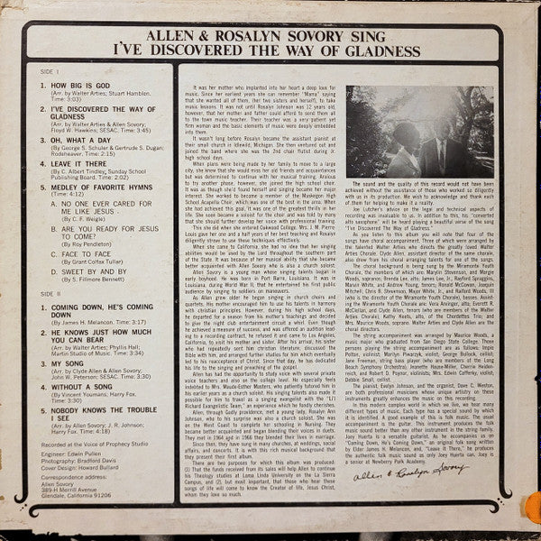 Allen & Rosalyn Sovory : Allen & Rosalyn Sovory Sing I've Discovered The Way Of Gladness (LP, Album)