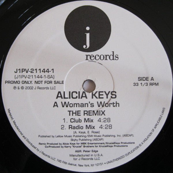 Alicia Keys : A Woman's Worth (The Remix) (12", Promo)