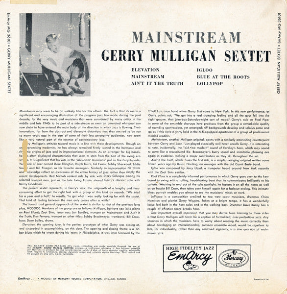 Gerry Mulligan And His Sextet : Mainstream Of Jazz (LP, Album, Mono, Ind)
