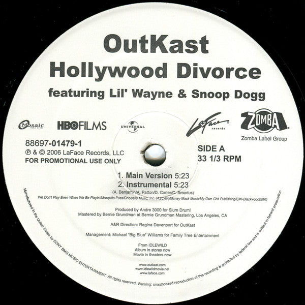 OutKast Featuring Lil' Wayne* & Snoop Dogg : Hollywood Divorce (12", Promo)